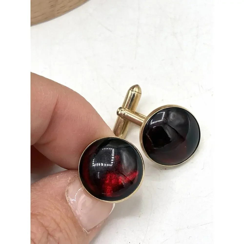 Vintage Swank Cuff Links Dark Garnet Red Round Cabochon Gold Tone Bullet Back